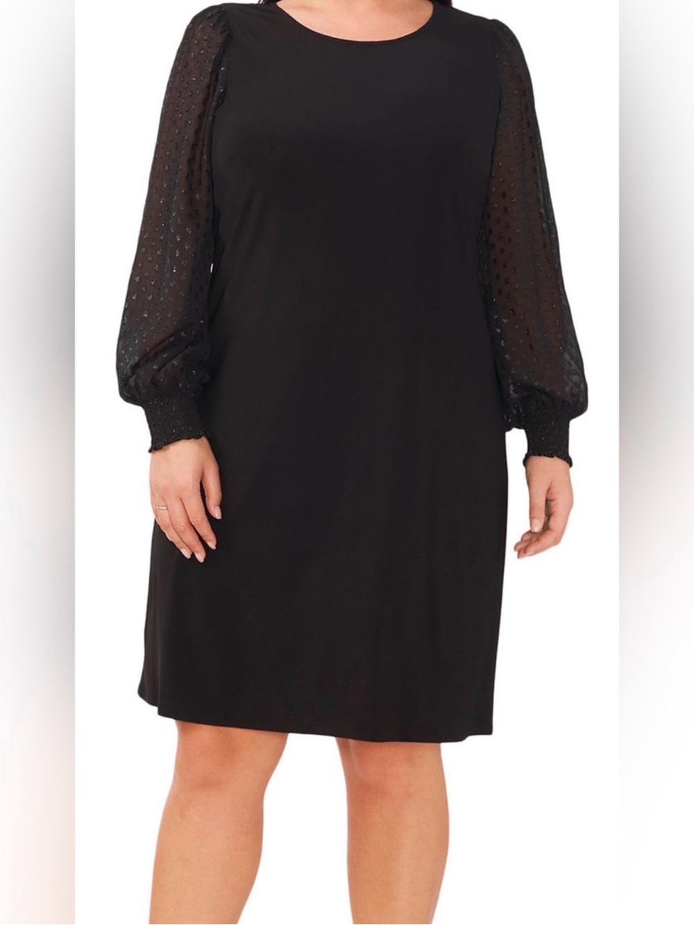 MSK Black Midi Shift Dress with Sheer Dot Balloon Sleeves